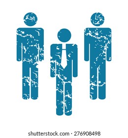 Grunge blue icon with three man silhouettes, isolated on white