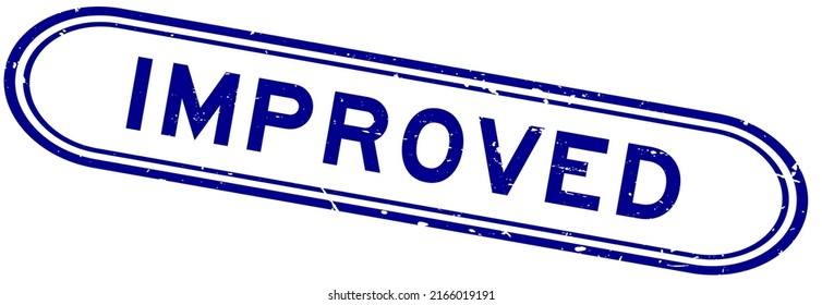 Grunge blue improved word rubber seal stamp on white background