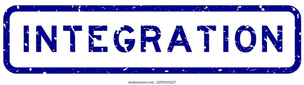 Integración azul grunge palabra sello de sello de goma cuadrada sobre fondo blanco