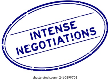 Grunge blue intense negotiations word oval rubber seal stamp on white background