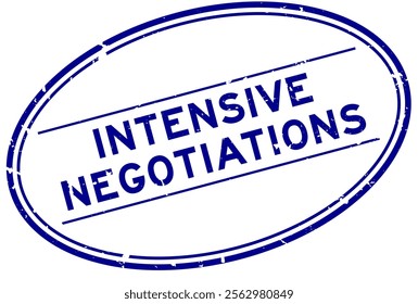 Grunge blue intensive negotiations word oval rubber seal stamp on white background