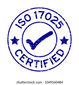 Grunge blue ISO 17025 certified with mark icon round rubber seal stamp on white background svg