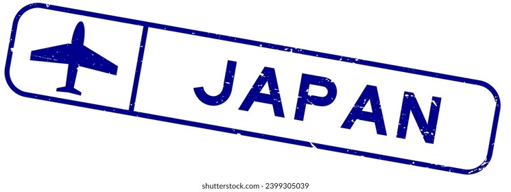 Grunge blue japan word with plane icon square rubber seal stamp on white background
