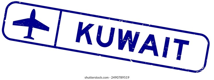 Grunge blue kuwait word with plane icon square rubber seal stamp on white background