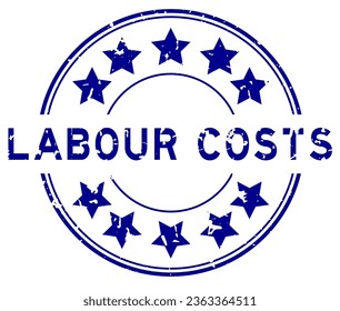 Grunge blue labour costs word with star icon round rubber seal stamp on white background