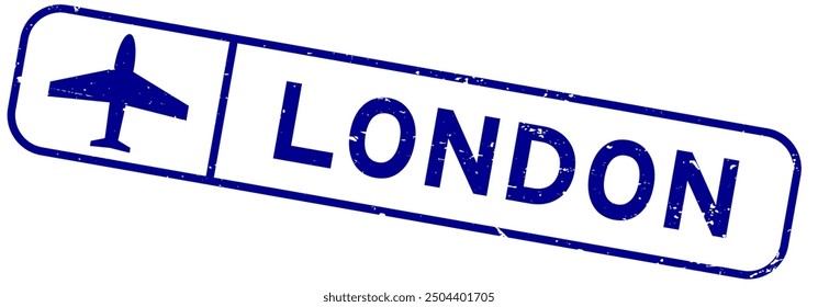 Grunge blue london word with plane icon square rubber seal stamp on white background