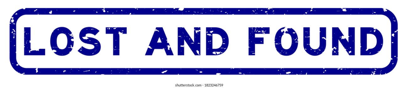 Margen azul perdida y encontrado sello de sello de goma cuadrado de palabra en fondo blanco