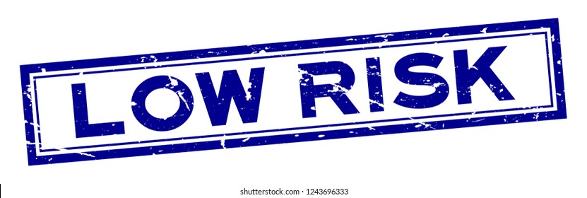Grunge blue low risk word square rubber seal stamp on white background