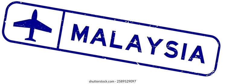 Grunge blue malaysia word with plane icon square rubber seal stamp on white background