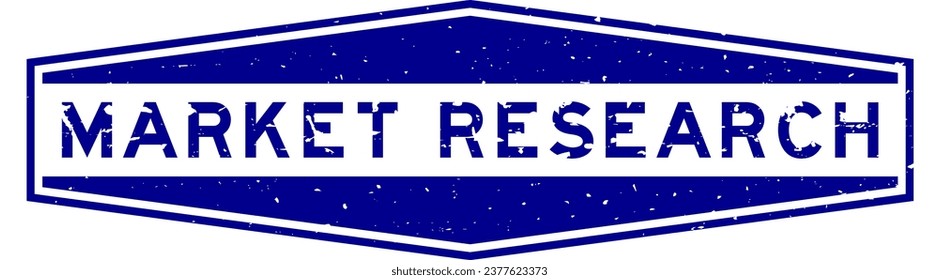 Grunge blue market research word hexagon rubber seal stamp on white background