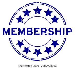 Grunge blue membership word with star icon round rubber seal stamp on white background