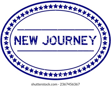 Grunge blue new journey word oval rubber seal stamp on white background