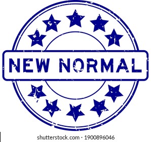 Grunge blaues neues normales Wort mit Sternsymbol rund um Gummisiegel auf weißem Hintergrund