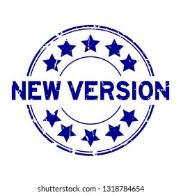 Grunge blue new version word with star icon round rubber seal stamp on white background
