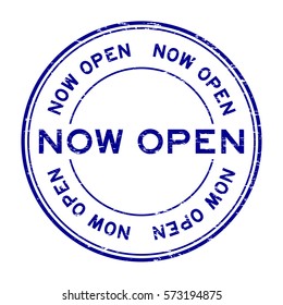 Grunge blue now open round rubber stamp on white background