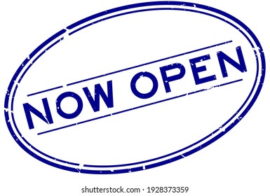 Grunge blue now open word oval rubber seal stamp on white background