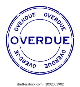Grunge blue overdue round rubber seal stamp on white background