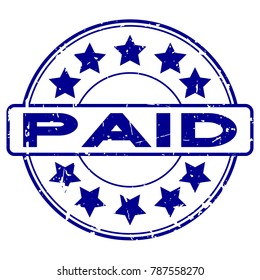 Grunge blue paid with star icon round rubber seal stamp on white background