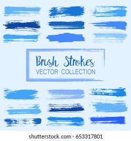 Grunge blue paint brush stroke stripes vector collection, set of paint dab graphic design elements. Ink splashes, horizontal lines, stains