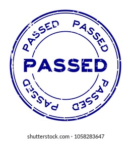 Grunge blue passed round rubber seal stamp on white background