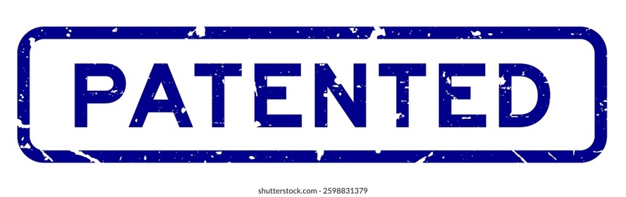 Grunge blue patented word square rubber seal stamp on white background