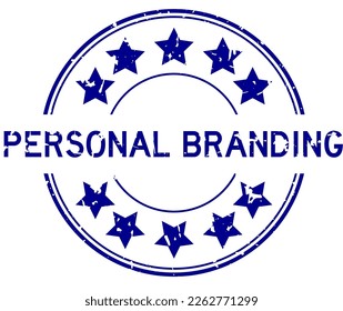 Grunge blue personal branding word with star icon round rubber seal stamp on white background