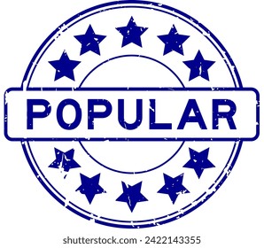 Grunge blue popular word with star icon round rubber seal stamp on white background