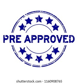 Grunge blue pre approved with star icon round rubber seal stamp on white background
