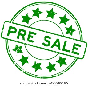Grunge blue pre sale word with star icon round rubber seal stamp on white background