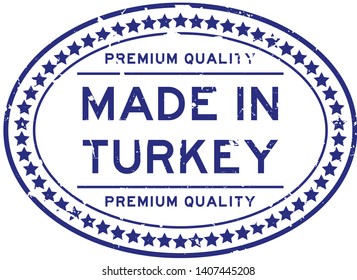 Grunge blue premium quality made in Turkey oval rubber stamp on white background