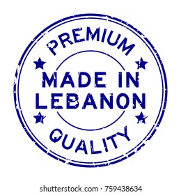 Grunge blue premium quality made in Lebanon round rubber seal stamp on white background