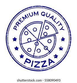 Grunge blue premium quality pizza with slice plate logo round rubber stamp