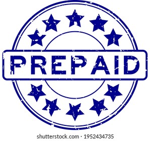 Grunge blue prepaid word with star icon round rubber seal stamp on white background