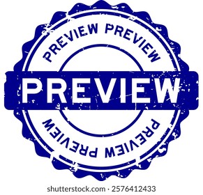 Grunge blue preview word round rubber seal stamp on white background