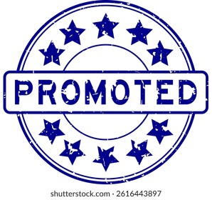 Grunge blue promoted word with star icon round rubber seal stamp on white background