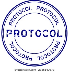 Grunge blue protocol word round rubber seal stamp on white background