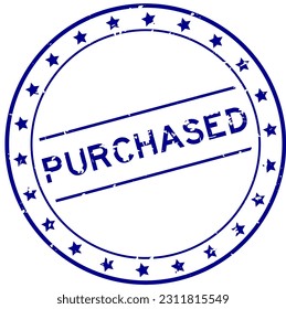 Grunge blue purchased word round rubber seal stamp on white background