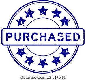 Grunge blue purchased word with star icon round rubber seal stamp on white background