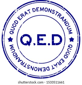 Grunge blue Q.E.D. (abbreviation of Quod Erat Demonstrandum) word round rubber seal stamp on white background