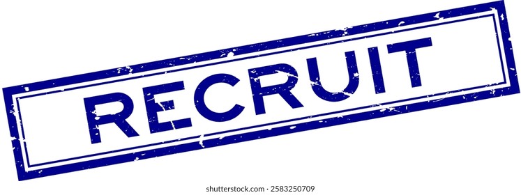 Grunge blue recruit word square rubber seal stamp on white bacckground