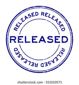 Grunge blue released round rubber stamp on white background