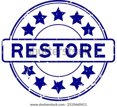 Grunge blue restore word with star icon round rubber seal stamp on white background