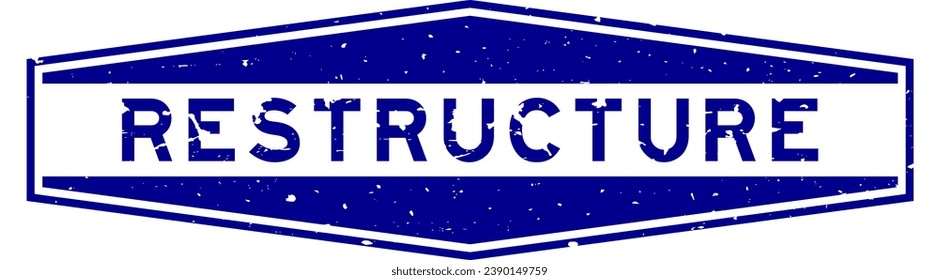 Grunge blue restructure word hexagon rubber seal stamp on white background