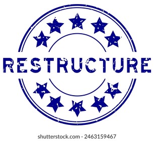 Grunge blue restructure word with star icon round rubber seal stamp on white background