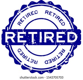 Grunge blue retired word round rubber seal stamp on white background
