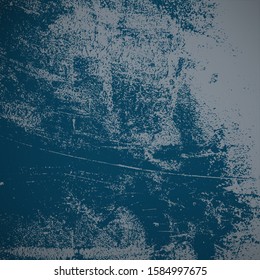 Grunge blue rough dirty background. Overlay aged grainy messy template. Brushed paint cover. Empty aging design element. Distress urban used texture. Renovate wall frame grimy backdrop. EPS10 vector