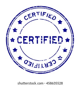 Grunge blue round certified stamp with star on white background