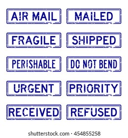 Grunge blue rubber stamp set for mail service