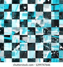 Grunge blue seamless texture with chess pattern. Abstract vector background for web page, banners backdrop, fabric, home decor, wrapping