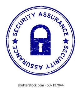 Grunge blue security assurance with lock icon round rubber stamp